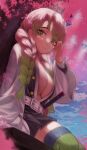  1girl absurdres black_skirt blue_sky braid breasts cherry_blossoms cleavage closed_mouth cloud day green_eyes green_legwear highres kanroji_mitsuri katana kimetsu_no_yaiba large_breasts long_hair long_sleeves looking_at_viewer mole mole_under_eye multicolored_hair outdoors pink_hair sitting skirt sky smile solo sword thighhighs thighs torriet twin_braids two-tone_hair weapon 