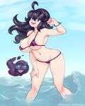  1girl :d @_@ ahoge alternate_breast_size alternate_costume bangs bikini bracelet breasts collarbone commentary_request eyelashes floating_hair gastly hairband hand_up hex_maniac_(pokemon) highres jewelry knees long_hair messy_hair nail_polish navel open_mouth pokemon pokemon_(creature) pokemon_(game) pokemon_xy purple_bikini purple_hairband purple_nails shiny shiny_hair shiny_skin smile standing supersatanson swimsuit tongue wading watermark web_address 