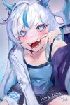  1boy :d blue_eyes blue_hair blush commentary_request commission fangs finger_in_mouth horns indie_virtual_youtuber long_hair looking_at_viewer male_focus mile_(off8mile) mouth_pull multicolored_hair open_mouth otoko_no_ko skeb_commission smile solo tongue tongue_out valtameri_via virtual_youtuber white_hair 