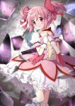  5girls akemi_homura blush broken_glass bubble_skirt frown gears glass gloves highres kaname_madoka looking_at_viewer looking_to_the_side magical_girl mahou_shoujo_madoka_magica mahou_shoujo_madoka_magica_movie multiple_girls pink_eyes pink_hair reflection rikopin short_twintails skirt solo_focus twintails walpurgisnacht_(madoka_magica) white_gloves white_legwear witch_(madoka_magica) 