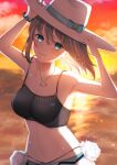  1girl absurdres bangs bare_shoulders beach bikini black_bikini blue_bikini braid breasts brown_hair charlotte_corday_(fate) charlotte_corday_(swimsuit_caster)_(fate) cleavage closed_mouth collarbone fate/grand_order fate_(series) flower funa_(funafuna_001) gradient_sky green_eyes hat highres jewelry large_breasts looking_at_viewer mismatched_bikini navel necklace ocean orange_sky pendant short_hair side_braid sky smile solo sun_hat sunset swimsuit twilight white_headwear 