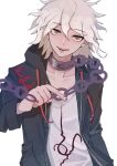  1boy absurdres arm_at_side bangs chain chained collar collarbone commentary_request danganronpa_(series) danganronpa_2:_goodbye_despair eyebrows_visible_through_hair green_jacket grey_hair hair_between_eyes hand_up highres jacket komaeda_nagito long_sleeves looking_at_viewer male_focus messy_hair metal_collar open_mouth print_shirt qishijiu_(komahina_79) shirt simple_background smile solo teeth upper_body upper_teeth white_background white_hair 