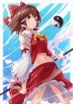  1girl absurdres ascot blush bow brown_eyes brown_hair cloud cloudy_sky cowboy_shot frilled_bow frilled_skirt frills gohei hair_bow hair_tubes hakurei_reimu highres midriff navel off_shoulder orb ramie_(ramie541) red_bow red_skirt red_vest ribbon-trimmed_sleeves ribbon_trim shirt short_hair skirt sky stomach touhou vest white_shirt wide_sleeves yellow_ascot yin_yang yin_yang_orb 