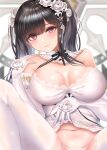  1girl akuakuran azur_lane bare_shoulders black_hair breasts cleavage detached_collar dress elbow_gloves flower gloves hair_flower hair_ornament highres lace-trimmed_dress lace-trimmed_legwear lace_trim large_breasts long_hair navel official_alternate_costume panties peter_strasser_(a_moment_frozen_in_pure_white)_(azur_lane) peter_strasser_(azur_lane) purple_eyes rose solo thighhighs underwear white_dress white_flower white_gloves white_legwear white_negligee white_panties white_rose 