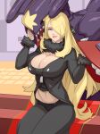  1girl black_coat black_pants blonde_hair blue_eyes breasts cleavage coat cynthia_(pokemon) garchomp hair_over_one_eye highres huge_breasts long_hair long_sleeves looking_at_viewer materclaws midriff navel one_eye_covered open_clothes open_coat pants parted_lips pokemon pokemon_(creature) pokemon_(game) pokemon_dppt sitting smile very_long_hair 