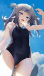  1girl bangs black_swimsuit blue_eyes blue_sky blunt_bangs casual_one-piece_swimsuit cloud commentary cowboy_shot fish_tail flat_chest from_above from_below gawr_gura highres hololive hololive_english looking_at_viewer medium_hair multicolored_hair one-piece_swimsuit open_mouth seicoh shark_tail sharp_teeth silver_hair sky solo standing streaked_hair swimsuit tail teeth two_side_up virtual_youtuber 