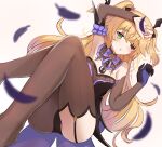  1girl armband armpits ass bare_shoulders blonde_hair blurry bow detached_collar elbow_gloves eyebrows_visible_through_hair eyepatch feathers feet_out_of_frame fischl_(genshin_impact) full_body garter_straps genshin_impact gloves hair_between_eyes hair_ornament hand_up highres long_hair multico no_shoes open_mouth purple_bow simple_background single_glove single_thighhigh solo thighhighs thighs white_background 