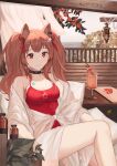  1girl angelina_(arknights) angelina_(summer_flowers)_(arknights) animal_ear_fluff animal_ears arknights beam black_collar breasts brown_hair casual_one-piece_swimsuit city cleavage collar commentary cover-up drink earpiece feet_out_of_frame food fox_ears fruit hair_ribbon highres infection_monitor_(arknights) italian_commentary jewelry ka_maru looking_at_viewer medium_breasts necklace official_alternate_costume one-piece_swimsuit outdoors red_eyes red_ribbon red_swimsuit ribbon sitting smile solo swimsuit twintails 