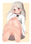  1girl :o absurdres aruka0807 bangs barefoot blush breasts brown_eyes cleavage conte_di_cavour_(kancolle) dress feet grey_hair highres kantai_collection long_hair long_sleeves medium_breasts open_mouth simple_background soles solo toes two-tone_background white_dress 