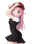  1girl ahn_gogh bare_legs blue_eyes blush breasts eyebrows_visible_through_hair fujiwara_chika hat kaguya-sama_wa_kokurasetai_~tensai-tachi_no_renai_zunousen~ long_hair looking_at_viewer open_mouth pink_hair school_uniform shuuchiin_academy_uniform sideways simple_background smile white_background 