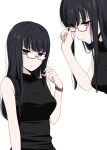  1girl adjusting_eyewear bangs bare_arms bare_shoulders black_eyes black_hair black_shirt breasts check_commentary commentary commentary_request emphasis_lines eyebrows_visible_through_hair glasses highres hime_cut ikari_manatsu large_breasts long_hair original pale_skin red-framed_eyewear semi-rimless_eyewear shirt sleeveless sleeveless_turtleneck solo turtleneck under-rim_eyewear upper_body watch wristwatch 