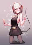  1girl :q absurdres arknights beudelb black_dress black_legwear blush breasts champagne_flute commentary cup demon_horns demon_tail dress drinking_glass eyebrows_visible_through_hair full_body grey_background grey_hair hand_up highres holding holding_cup horns kneeling licking_lips pantyhose red_eyes short_hair sideboob simple_background sleeveless sleeveless_dress small_breasts solo tail tongue tongue_out w_(arknights) 