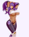  1girl bangs blue_eyes blunt_bangs breasts commentary contrapposto covered_nipples crop_top dark-skinned_female dark_skin goggles goggles_on_head green_eyes hair_over_one_eye hands_in_hair heterochromia highres huge_breasts layer_(mega_man) lipstick looking_at_viewer makeup materclaws mega_man_(series) mega_man_x_(series) mole mole_under_eye navel panties parted_lips pink_lips purple_panties simple_background smile solo standing toned underboob underwear white_background 