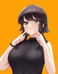  1girl absurdres bangs bare_arms bare_shoulders black_shirt blush breasts brown_hair commentary earrings finger_to_cheek green_eyes highres jewelry kanta_(kanta_077) large_breasts looking_at_viewer orange_background original shirt short_hair sleeveless sleeveless_turtleneck solo turtleneck upper_body watch wristwatch 