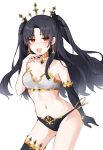  1girl absurdres bangs bare_shoulders black_gloves black_hair black_legwear bracelet breasts choker cleavage collarbone commentary_request earrings elbow_gloves eyebrows_visible_through_hair eyes_visible_through_hair fang fate/grand_order fate_(series) gloves groin hair_ribbon highres ishtar_(fate) jewelry leaning_forward long_hair looking_at_viewer navel nyannya_(nyan_nya_93) red_eyes ribbon sidelocks simple_background single_glove single_thighhigh solo stomach strapless sweatdrop thighhighs tiara tube_top two_side_up white_background zettai_ryouiki 