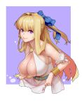  1girl belt blonde_hair blue_belt blue_bow border bow bracelet breasts cleavage commentary detached_sleeves english_commentary gold gold_bracelet hair_bow hair_intakes highres huge_breasts jewelry kono_yuusha_ga_ore_tueee_kuse_ni_shinchou_sugiru large_breasts lipstick long_hair looking_at_viewer makeup materclaws parted_lips puffy_detached_sleeves puffy_short_sleeves puffy_sleeves purple_background purple_eyes red_lips ristarte_(kono_yuusha_ga_ore_tueee_kuse_ni_shinchou_sugiru) short_sleeves skirt_hold smile solo upper_body white_border 