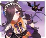  1girl :q animal_ears bat bat_wings black_bow black_bowtie black_skirt blue_flower blush border bow bowtie brown_hair etesumsom flower gloves hair_flower hair_ornament halloween_costume hands_up headdress highres horse_ears horse_girl long_hair looking_at_viewer make_up_in_halloween!_(umamusume) official_alternate_costume outside_border purple_background purple_gloves purple_skirt rice_shower_(umamusume) shirt skirt solo tongue tongue_out two-tone_skirt umamusume upper_body white_border white_shirt wings 