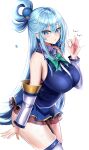  1girl absurdres aqua_(konosuba) ass bangs bare_shoulders blue_eyes blue_hair blush breasts cowboy_shot detached_sleeves dress eyebrows_visible_through_hair hair_between_eyes hair_bobbles hair_ornament hair_rings halterneck hanasaka_houcha handjob_gesture highres kono_subarashii_sekai_ni_shukufuku_wo! large_breasts leaning_forward long_hair looking_at_viewer parted_lips simple_background skindentation solo sweat thighhighs thighs tsurime white_background white_legwear 