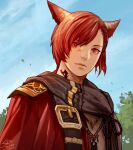  1boy animal_ears armor belt blaze_run77 braid cat_boy cat_ears chest_belt commentary dated facial_tattoo final_fantasy final_fantasy_xiv g&#039;raha_tia hair_ornament jewelry leaf looking_at_viewer male_focus miqo&#039;te neck_tattoo necklace red_eyes red_hair red_robe sash short_hair shoulder_armor signature sky slit_pupils solo symbol-only_commentary tassel tattoo upper_body x_hair_ornament 