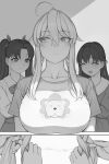  3girls :d ahoge artoria_pendragon_(fate) artoria_pendragon_(lancer)_(fate) blush bow bowtie braid braiding_hair breasts closed_eyes closed_mouth commentary cosplay dress english_commentary eyebrows_visible_through_hair fate/grand_order fate/stay_night fate_(series) greyscale hair_between_eyes hair_bow hair_ribbon hairdressing highres large_breasts long_sleeves lvl_(sentrythe2310) matou_sakura monochrome multiple_girls open_mouth raglan_sleeves ribbon saber saber_(cosplay) shirt short_sleeves sidelocks skirt smile tohsaka_rin twin_braids twintails 