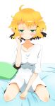  1girl 221_(tsutsuichi) bangs blonde_hair blush breasts closed_mouth commentary_request full_body green_eyes half-closed_eyes looking_at_viewer medium_breasts mizuhashi_parsee on_bed pillow pointy_ears shirt short_hair sitting sitting_on_bed sleepy solo touhou waking_up wavy_mouth white_background white_shirt 