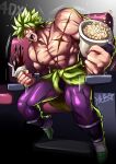  1boy abs blank_eyes broly_(dragon_ball_super) clenched_teeth commentary cup disposable_cup dragon_ball dragon_ball_super dragon_ball_super_broly drinking_straw english_commentary food green_hair highres legendary_super_saiyan male_focus movie_theater muscular muscular_male open_mouth pants parody pectorals popcorn purple_pants red_eyes ryuusei_(mark_ii) scar scar_on_chest seat signature sitting solo spiked_hair spilling super_saiyan teeth topless_male waist_cape wide-eyed 