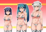  3girls anger_vein animal_ears animal_print aqua_hair arms_behind_back bell bikini black_hair blush breasts brown_eyes collar collarbone commentary_request cow_ears cow_horns cow_print fake_animal_ears fake_horns frown green_eyes hair_between_eyes hairband horns isuzu_(kancolle) kantai_collection large_breasts long_hair multiple_girls navel neck_bell nikku_(nzaf5832) outline silver_hair smile swimsuit thighhighs twintails unryuu_(kancolle) ushio_(kancolle) wrist_cuffs 