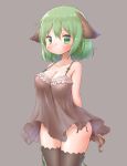  1girl animal_ears arinu arms_behind_back bare_shoulders black_legwear black_panties blush breasts brown_background cleavage collarbone commentary_request cowboy_shot dog_ears dog_girl dog_tail eyebrows_visible_through_hair green_eyes green_hair grey_background hair_between_eyes highres kasodani_kyouko looking_at_viewer medium_breasts nightgown oppai_loli panties short_hair side-tie_panties simple_background sleeveless solo standing tail thighhighs touhou underwear 