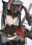  1girl absurdres animal_ear_headwear animal_ears bangs black_hair blue_eyes breasts brown_gloves buttons cleavage cleavage_cutout clothing_cutout double-breasted ear_grab english_commentary fake_animal_ears flower gloves hair_between_eyes hat highres karasuro long_hair looking_at_viewer military military_uniform original parted_lips peaked_cap pointy_ears rose sidelocks simple_background solo sword sword_behind_back teeth uniform upper_body weapon white_background 