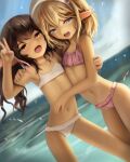  2girls :d absurdres arm_around_shoulder bikini blonde_hair blue_eyes brown_eyes brown_hair child crumbles dutch_angle hairband hand_up highres horizon hug long_hair looking_at_viewer multiple_girls navel ocean open_mouth original pink_bikini pointy_ears smile swimsuit twintails v water_drop white_bikini white_hairband 