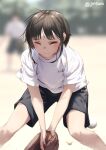  1girl ball baseball black_hair black_shorts blush closed_eyes closed_mouth clothes_writing commentary_request jonsun misaki_(jonsun) original outdoors shirt short_hair short_sleeves shorts solo_focus standing t-shirt twitter_username white_shirt 