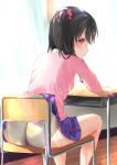  1girl accidental_exposure ass bangs black_hair blue_skirt bow chair clothes_lift commentary_request curtains day desk eyebrows_visible_through_hair feet_out_of_frame from_behind goldowl hair_bow highres indoors long_hair long_sleeves looking_at_viewer looking_back love_live! love_live!_school_idol_project panties pink_sweater pleated_skirt red_bow red_eyes school_chair school_desk school_uniform sitting skirt skirt_lift solo sunlight sweater twintails underwear white_panties window wooden_floor yazawa_nico 