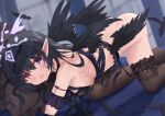  1girl bangs black_hair black_legwear blush breasts feathered_wings feathers garter_belt hairband heterochromia highres hiyada_yuu lace-trimmed_legwear lace_trim long_hair medium_breasts object_hug on_bed open_mouth original pillow pillow_hug pointy_ears purple_eyes red_eyes solo thighhighs top-down_bottom-up wings 