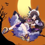  1girl animal_ears basket bat bat_wings black_gloves boots brown_hair commentary ears_through_headwear fang frilled_skirt frills full_body gloves hair_over_one_eye halloween_costume headdress highres holding holding_basket horse_ears horse_girl horseshoe light_blush long_hair looking_at_viewer make_up_in_halloween!_(umamusume) official_alternate_costume open_mouth orange_background purple_eyes purple_footwear purple_shirt purple_skirt rice_shower_(umamusume) shirt skin_fang skirt solo totomono tree umamusume wings 