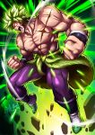  1boy abs aura blank_eyes broly_(dragon_ball_super) clenched_teeth commentary dragon_ball dragon_ball_super dragon_ball_super_broly english_commentary green_hair highres legendary_super_saiyan male_focus muscular muscular_male open_mouth pants pectorals purple_pants red_eyes ryuusei_(mark_ii) scar scar_on_chest signature solo spiked_hair super_saiyan teeth topless_male waist_cape wide-eyed 