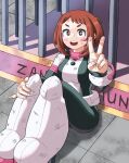  1girl :d bangs bars belt black_bodysuit blush_stickers bob_cut bodysuit boku_no_hero_academia boots brown_eyes brown_hair cage commentary_request dirty dirty_clothes dirty_face full_body hand_on_own_leg high_heel_boots high_heels highres knees_up marumorumeme messy_hair on_ground open_mouth pink_belt pink_bodysuit pink_footwear pinky_out round_teeth short_eyebrows short_hair sitting smile solo teeth thick_eyebrows tile_floor tiles two-tone_bodysuit upper_teeth uraraka_ochako v 