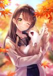  1girl ;) amagi_shino animal autumn autumn_leaves bangs blurry blurry_background brown_hair cat collarbone eyebrows_visible_through_hair fangs hair_between_eyes highres holding holding_animal holding_cat leaf long_hair long_sleeves maple_leaf one_eye_closed original school_uniform serafuku signature smile solo tongue tongue_out yellow_eyes 