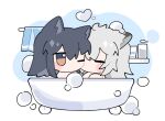  2girls animal_ears arknights bathing bathtub black_hair bottle bubble chibi claw_foot_bathtub closed_eyes commentary_request grey_hair lappland_(arknights) long_hair multiple_girls nude one_eye_closed scar scar_across_eye shared_bathing texas_(arknights) towel towel_rack wolf_ears xijian yellow_eyes 