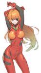  1girl ahoge arms_up bangs blue_eyes bodysuit breasts brown_hair closed_mouth commentary cowboy_shot dated_commentary evangelion:_3.0_you_can_(not)_redo eyepatch highres hop3 long_hair looking_at_viewer looking_to_the_side medium_breasts neon_genesis_evangelion orange_hair plugsuit rebuild_of_evangelion shiny shiny_hair simple_background solo souryuu_asuka_langley white_background 