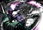  battle blade blue_eyes clenched_teeth colored_skin disembodied_head dullahan fire holding holding_weapon huge_weapon mace original power_armor purple_eyes ryuusei_(mark_ii) swinging teeth weapon white_hair white_skin 