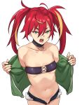  1girl ahoge bandeau bangs bar_censor bare_shoulders black_choker black_nails blonde_hair blue_shorts breasts censored choker green_eyes green_jacket hair_between_eyes highres jacket kyuukyoku_shinka_shita_full_dive_rpg_ga_genjitsu_yori_mo_kusoge_dattara looking_at_viewer micro_shorts mizarisa mole mole_on_pussy multicolored_hair navel open_clothes open_jacket open_shorts pussy red_hair shorts simple_background small_breasts solo streaked_hair tan tanlines todding twintails undressing white_background 