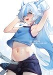  1boy :d adjusting_hair ak4ci arm_up armpits blue_eyes blue_hair commission fangs highres horns indie_virtual_youtuber light_blue_hair light_blush long_hair male_focus midriff multicolored_hair navel open_mouth otoko_no_ko ponytail shorts smile solo streaked_hair valtameri_via very_long_hair virtual_youtuber wet 