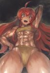  1girl :d abs ahoge arm_up armpits breasts commentary eris_greyrat from_below hand_on_hip long_hair looking_at_viewer looking_down muscular muscular_female mushoku_tensei navel open_mouth red_eyes red_hair shiny shiny_skin small_breasts smile solo sweat underboob underwear yilx 