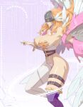  1girl absurdres angel angel_wings angewomon asymmetrical_legwear belt binary blonde_hair breasts cameltoe cleavage commentary covered_eyes digimon digimon_(creature) feathered_wings fingernails glitch helmet highres huge_breasts leotard lipstick long_hair makeup materclaws multiple_belts nail_polish navel o-ring_belt parted_lips profile red_lips red_nails single_leg_pantyhose single_thighhigh solo thighhighs white_leotard winged_helmet wings 