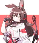  1girl animal_ears april_(arknights) arknights arrow_(projectile) bangs bow_(weapon) brown_hair closed_mouth commentary fingerless_gloves gloves hairband heart highres infection_monitor_(arknights) licking_lips long_hair pink_eyes rabbit_ears rabbit_girl ryota_tentei tongue tongue_out weapon 