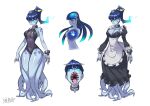  1girl apron black_dress black_leotard blue_eyes blue_hair blue_sclera blue_skin brain breasts cleavage closed_mouth collar colored_sclera colored_skin concept_art covered_navel dress gradient_hair heart_(organ) highres juliet_sleeves large_breasts leotard long_sleeves looking_at_viewer maid mechanical_hands metal_collar monster_girl multicolored_hair multiple_views open_mouth original ponytail prosthetic_hand puffy_sleeves ryuusei_(mark_ii) scylla sharp_teeth signature single_mechanical_hand teeth tentacles white_apron 