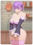  1girl bare_shoulders black_dress blurry blurry_background blush border bow breasts cleavage closed_mouth commentary covering covering_crotch cowboy_shot depth_of_field detached_sleeves dress flower_knot highres holding holding_tray juliet_sleeves large_breasts long_sleeves looking_at_viewer maid maid_headdress materclaws no_panties outside_border pink_legwear puffy_sleeves purple_eyes purple_hair re:zero_kara_hajimeru_isekai_seikatsu rem_(re:zero) seductive_smile short_dress short_hair side_slit smile solo strapless strapless_dress thick_thighs thighhighs thighs tray white_border white_bow 