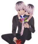  1boy 1girl absurdres bangs black_hair black_nails black_pants black_shirt blush eyebrows_visible_through_hair father_and_daughter flower grey_hair grey_necktie highres holding holding_flower hug kaneki_ichika knee_up looking_at_another multicolored_hair nail_polish necktie pants pink_flower pink_rose red_eyes red_flower rose sasaki_haise shirt short_hair simple_background smile spider_lily tokyo_ghoul tokyo_ghoul:re toukaairab two-tone_hair white_background white_hair 