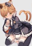  1girl absurdres animal_ears arknights bangs blonde_hair blush boots capelet cat_ears cat_girl closed_mouth frilled_skirt frills green_eyes hat highres mousse_(arknights) multicolored_hair multiple_tails nekomata shoa_tksm short_hair skirt solo symbol-only_commentary tail thigh_boots thighhighs two_tails white_hair 