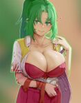  1girl alternate_breast_size bag blood blood_on_clothes blood_on_face blush bra breasts closed_mouth green_eyes green_hair hand_up heart higurashi_no_naku_koro_ni huge_breasts long_hair looking_at_viewer materclaws ponytail red_bra red_pupils red_skirt shirt shoulder_bag skirt smile solo sonozaki_mion underwear vest white_shirt yellow_vest 